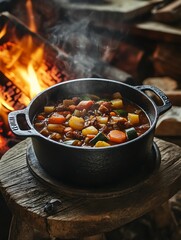 Cooking Vegetable Beef Stew in Cast Iron Pot Over Open Fire