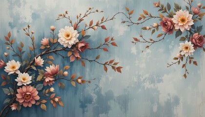 Floral art design featuring pink and white flowers on a soft blue background interior decoration creative concept calming environment artistic viewpoint