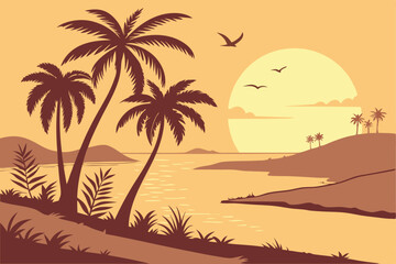 Fototapeta premium 20 Tropical sunset landscape, silhouetted palm trees, large yellow sun, warm orange sky, beach coastline, tranquil water reflection, minimalist style, vector art, flat design, warm color palette, sere