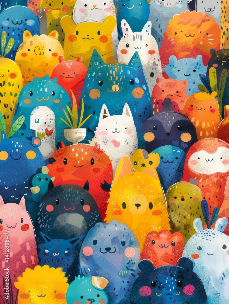 Poster this is a vibrant and playful illustration featuring an array of adorable, cartoon-like characters