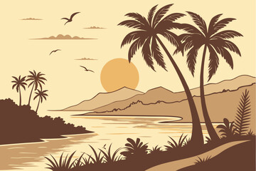 20 Tropical sunset landscape, silhouetted palm trees, large yellow sun, warm orange sky, beach coastline, tranquil water reflection, minimalist style, vector art, flat design, warm color palette, sere