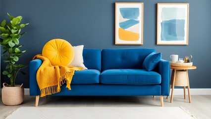 a scandinavian living room with a blue sofa accented by yellow pillows and a blanket