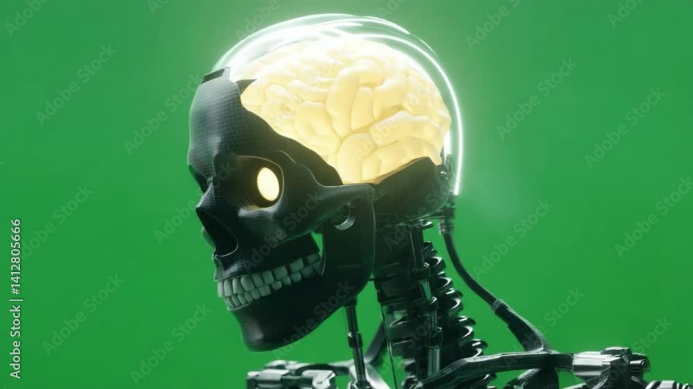 Poster a robotic ai head concept featuring partial digital skull and glowing brain interface isolated again