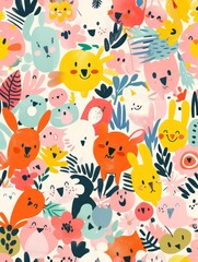 This is a vibrant and playful illustration featuring an array of adorable, cartoon-like characters