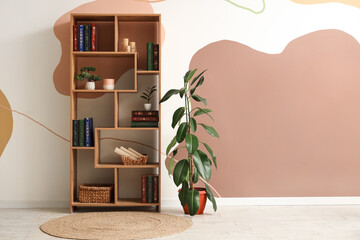 Shelving unit with books, decor and houseplant in living room