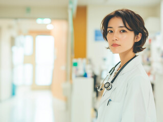 Asian female doctor with short hair wearing a white coat, using a stethoscope in a medical room
