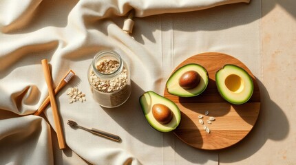 Healthy Morning Vibes: Avocado and Oats Flat Lay with Natural Light Aesthetic