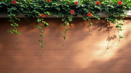 Fototapeta premium Red roses and lush green vines cascade down an orange wall, creating a peaceful, natural scene