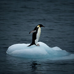 Obraz premium Solitary Penguin on Iceberg: An emperor penguin stands alone on an iceberg, a symbol of resilience amidst the vast, cold ocean.