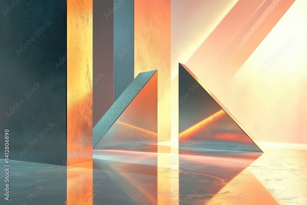 Poster abstract image showcasing two triangular prisms with light refraction and reflection on a surface