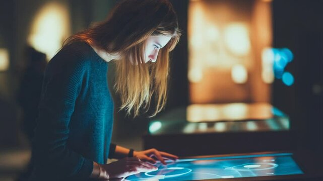 Woman Engages With Interactive Touchscreen at History Museum Generative AI