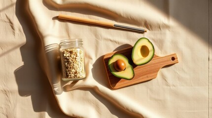 Healthy Morning Vibes: Avocado and Oats Flat Lay with Natural Light Aesthetic