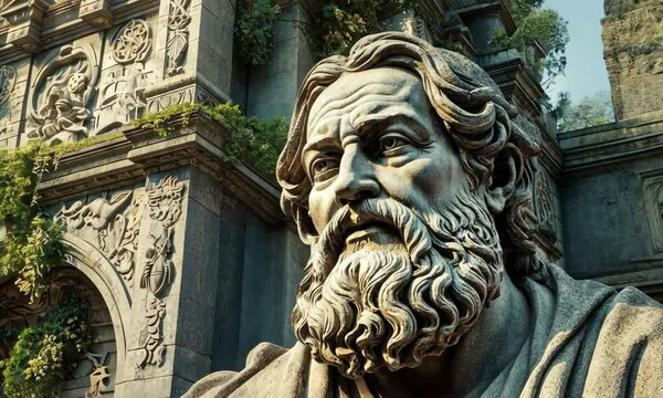 Ancient stone statue of bearded man in decorative garden setting