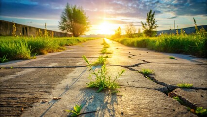 Sunset illuminates a cracked pathway where resilient plants sprout, showcasing nature's persistent growth amidst urban decay.