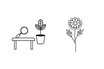 Minimalist Line Art Illustration Of Table,Potted Plant And Blooming Flower On White Background Simple Design