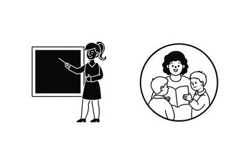 Vector Illustration Of Teacher With Blackboard And Students Reading Book In Circle Minimalist Style
