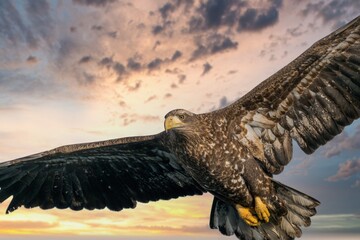 Birds of prey - flying Steller's sea eagle (Haliaeetus pelagicus) on background - dramatic blue sky...