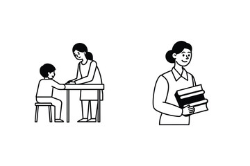Monochrome Illustration Featuring Teacher Helping Student And Teacher Holding Books School Concept