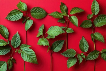 Obraz premium Fresh green leaves arranged artfully on a vibrant red background.