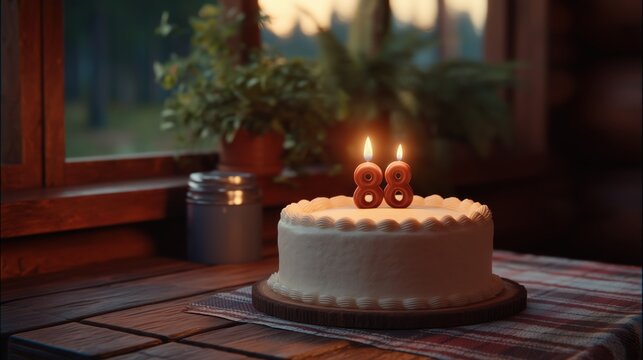 88th Birthday celebration cake with candles cozy room food art indoor