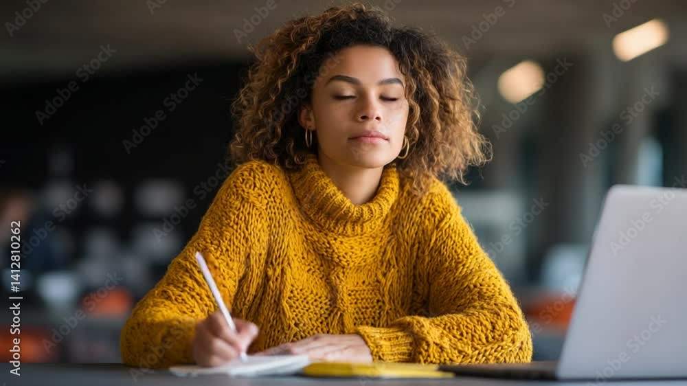 Poster woman writing notes in a notebook while working on a laptop generative ai