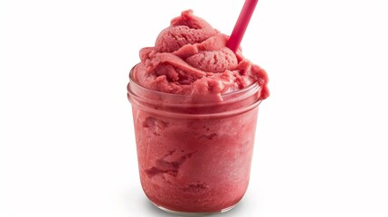 Vibrant watermelon slushie in a mason jar with a straw isolated on a white background