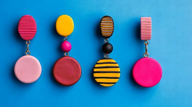 Colorful statement earrings on a blue background