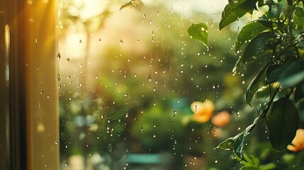 Raindrops on window with blurry garden view, cozy spring rain day, natural colors, macro lens 
