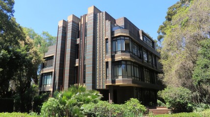 Fototapeta premium Modern Brown Stone Building Exterior with Geometric Design