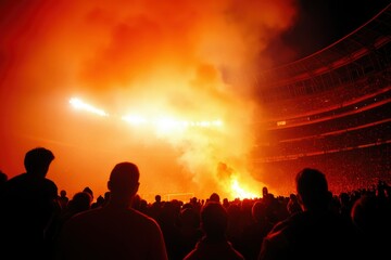Fototapeta premium Crowd watches fireworks over stadium at night