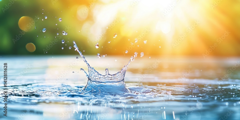 Poster a close-up of a water splash in sunlight, creating mesmerizing droplets against a serene background 