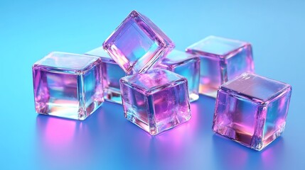 Iridescent Glass Cubes on Blue Background