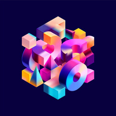Multicolored 3D cube.  Glass iridescent geometric shape.