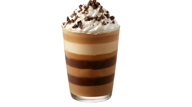 Delicious multilayered chocolate dessert beverage with whipped cream and chocolate shavings in clear cup