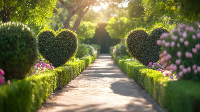 Heart Shaped Topiary Garden Path in Sunlight Tranquil Greenery Outdoor Romance