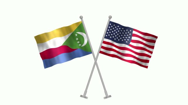 Flag of Comoros and USA, Cross table flag of Comoros and USA on white screen, Comoros and USA 3D Animation flag waving in the wind isolated on white Background.