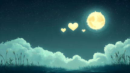 Fototapeta premium Love Moonlit Night Heart Shapes Illustration, Stars Sky Clouds Silhouettes Serene Dark Teal