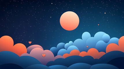 Dreamy Night Sky with Clouds Moon and Hearts Romantic Starry Night Vector Illustration