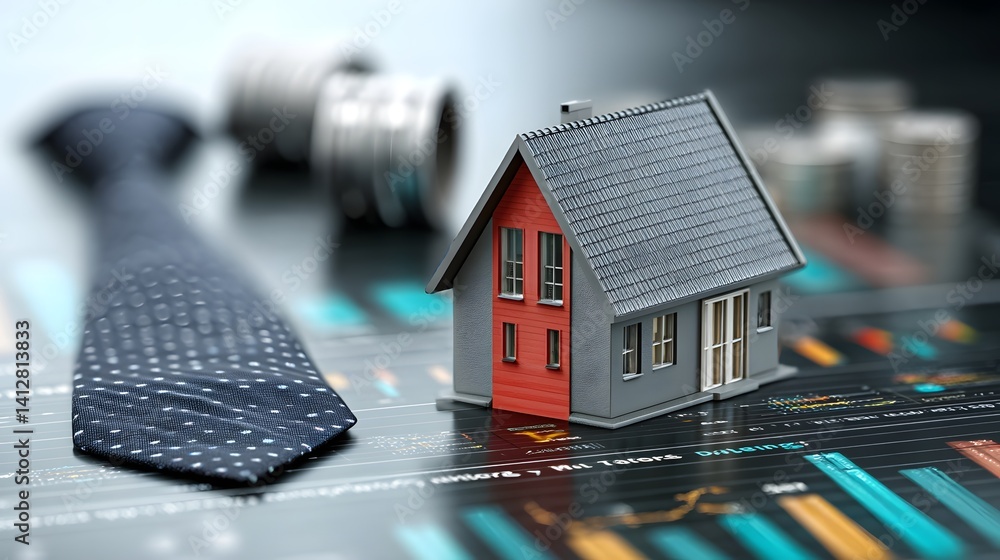 Poster 3d house render with sharp business and finance icons