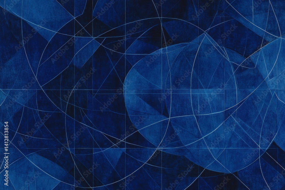 Poster An abstract image featuring a dark blue background with overlapping geometric shapes and circular patterns design