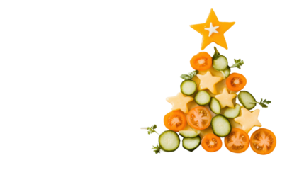 Creative vegetable christmas tree arrangement with a star topping for festive holiday decorations