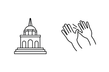 Outlined Building And Clapping Hands Iconography Depicting Celebration And Architectural Representation With Its Simplicity And Clarity