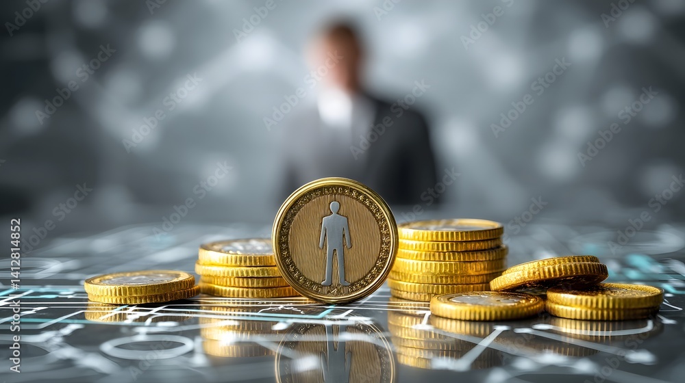 Poster a gold coin in focus with economy-related icons in the foreground and a blurred businessman in the b