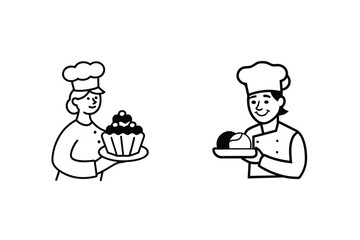 Line Art Illustration Featuring Two Smiling Chefs Holding Sweet Treats In Minimalist Style For Design Projects