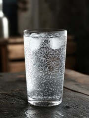 Refreshing Sparkling Water with Ice Cubes on a Rustic Wooden Table