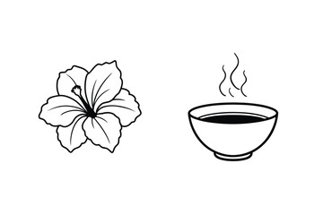 Simple Line Art Illustration Of Hibiscus Flower And Steaming Bowl On White Background For Design Projects