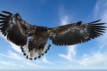 Birds of prey - flying Steller's sea eagle (Haliaeetus pelagicus) on background - dramatic blue sky and white clouds