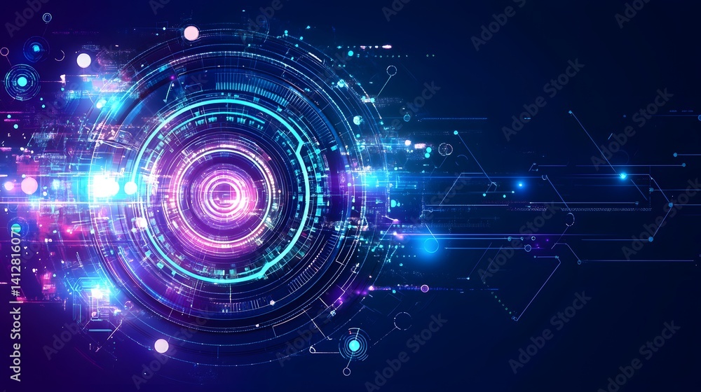 Aufkleber futuristic digital interface design with concentric circles and glowing elements.