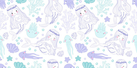 Adorable funny mermaid life seamless pattern