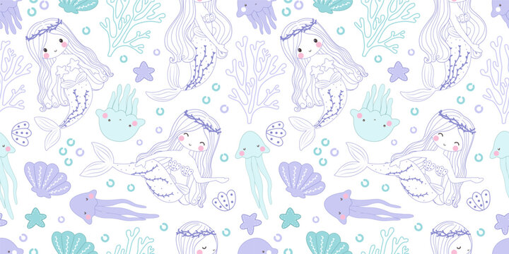 Adorable funny mermaid life seamless pattern